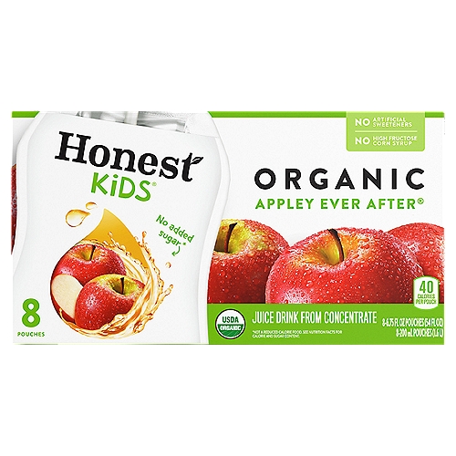 Honest Kids Appley Ever After Pouches, 6.75 fl oz, 8 Pack
Once upon a time, there was a delicious organic apple juice from Honest Kids called Appley Ever After. This refreshing beverage will leave your kids happy and satisfied, just like a classic storybook ending. Plus, it's an excellent source of Vitamin C and it has no added sugar.

Honest seeks to create and promote sustainable, great-tasting beverages with honesty and integrity, which means telling you exactly what's in every beverage from the get-go.  
  
Choose Honest, and you choose a brand that promotes wellness and a commitment to making sure better options are in your hands. Honest® strives to deliver on this mission, just like it delivers on its high-quality lemonades, teas and juices. 

Refreshingly yours, 
The Honest Tea-m
