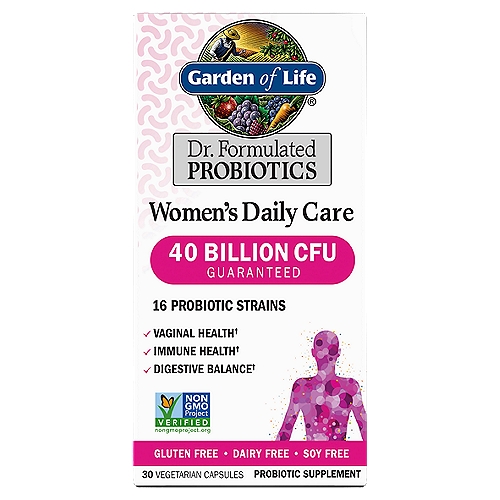 Garden of Life Dr. Formulated Probiotics Women's Daily Care Probiotic Supplement, 30 count
Dr. Perlmutter created this unique formula exclusively for Women, with a high count of beneficial probiotics made from diverse strains that are resistant to stomach acid and bile, to support women's digestive and immune system health.†

Vagina Health†
With added L. reuteri and L. fermentum.

Digestive & Immune System Support†
40 billion CFU, 16 probiotics.

Support Vaginal, Immune System and Digestive Health†
† These statements have not been evaluated by the Food and Drug Administration. This product is not intended to diagnose, treat, cure or prevent any disease.

Shelf Stable¹
New desiccant-lined bottle technology for shelf stable probiotics.
¹At Expiration Date under recommended storage conditions.