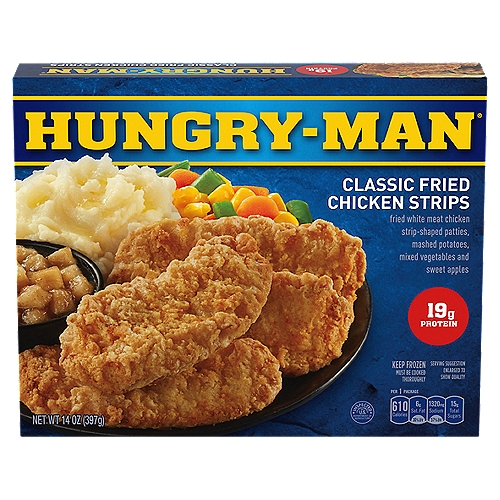 Hungry-Man Classic Fried Chicken Strips, 14 oz
Satisfy your man-size hunger with a Hungry Man Classic Fried Chicken Strips Frozen Dinner. Dive into fried, white-meat chicken-strip-shaped patties, savory mashed potatoes, crisp mixed vegetables and sweet apples. Quick and convenient, these microwavable meals are great for lunch, dinner or anytime. Eat like a man, with Hungry Man.
