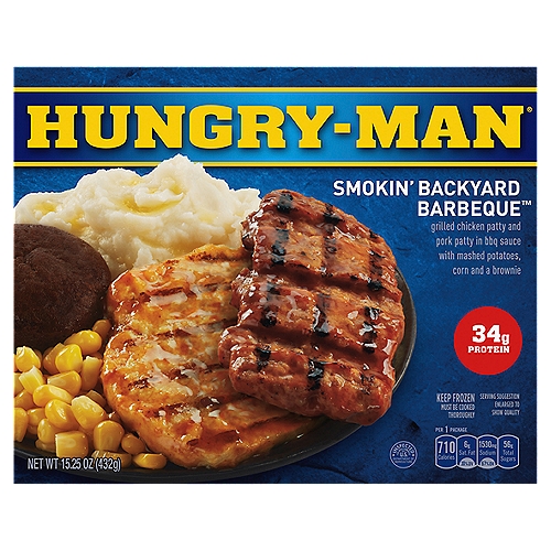Hungry-Man Smokin' Backyard Barbeque, 15.25 oz
Grilled Chicken Patty and Rib Shaped Pork Patty in a Smokey Chipotle Barbeque Sauce with Home-Style Mashed Potatoes and Sweet Corn - Includes a Chocolate Brownie