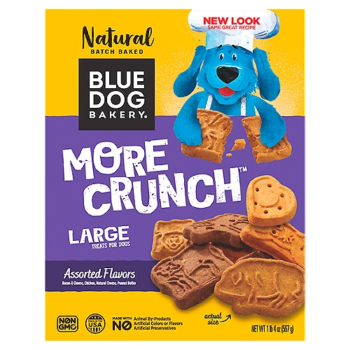 Blue Dog Bakery More Crunch Assorted Flavors Treats for Dogs, Large, 1 lb 4 oz
Bring Variety to the Crunch
More Crunch™ treats are packed with healthy ingredients you can feel good about giving your best friend every day. These oven-baked biscuits deliver big crunch in a variety of fun shapes and flavors. Give them the joy they give you.

Natural
Our batch-baked treats are always made without artificial ingredients

Low Fat
Wholesome and delicious treats that are naturally low in fat

Made in the USA
We proudly make all of our treats in the USA

Clean Teeth & Freshen Breath
Crunchy treats to support healthy teeth and gums

Non-GMO
Made with only non-GMO ingredients