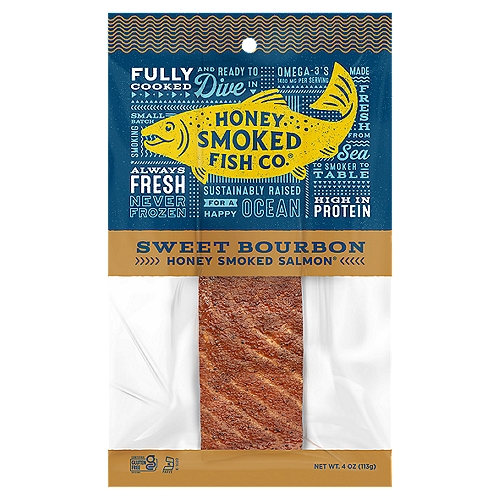 Honey Smoked Fish Co. Sweet Bourbon Honey Smoked Salmon, 4 oz
Well, that and Fish.
And smoke - hot smoke from honey-coated 100% hickory in fact. But really, the secret to our one-of-a-kind, flavorful salmon is that they're fully cooked shortly after leaving the water and then sealed tight as soon as they exit our small-batch smoker. No freezer. Just amazingly fresh and healthy Honey Smoked Salmon® that's ready to devour.