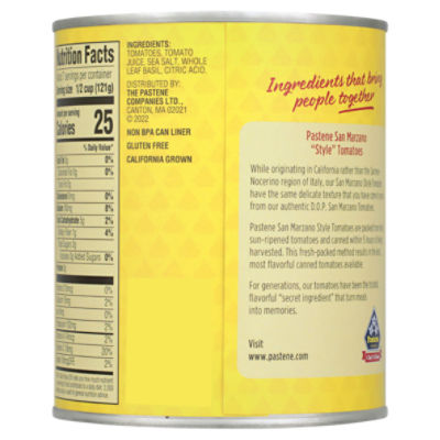 Pastene San Marzano Style Tomatoes with Basil, 28 oz