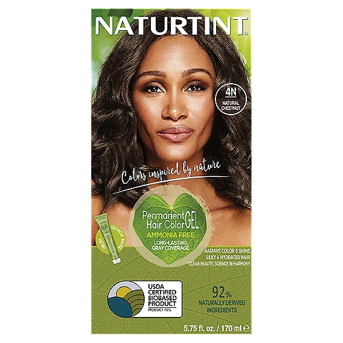 Naturtint 4N Natural Chestnut Permanent Hair Color Gel, 5.75 fl oz
Olive Oleic Acid
Provides vitality and moisturization, for smoother, nourished hair
Meadowfoam Seed Oil
Nourishes and conditions the hair for extended shine and color

Quinoa Mask
Quinoa*
A "complete protein" with all essential amino acids that helps to fix the hair color, resulting in longer-lasting and more intense shades
Organic Shea Butter*
Deeply moisturizing and nourishing, thanks to its high concentration of vitamins and fatty acids
Baobab Proteins*
Nourishes the hair from root to tips, providing vitality, shine and volume. Healthier, younger looking hair
*Grown and harvested using sustainable practices.