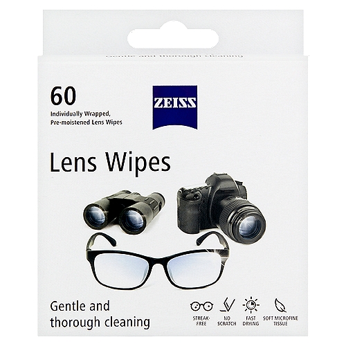Zeiss Lens Wipes, 60 countnBenefits of using Zeiss Lens Wipes:n■ Professional cleaning solutionn■ Gentle and thorough cleaningn■ Easily remove smudges and dirt for a streak-free cleann■ Lint and ammonia freen■ Non-abrasive, soft, micro-fine tissuen■ Individually packed lens wipes for at home, work, school or on-the-gonnSuitable for:n■ All glass and plastic eyeglasses and sunglasses (particularly effective for high quality, coated precision lenses)n■ Safety and sports gogglesn■ Other optics including lenses on cameras, binoculars and microscopes n■ Safe for use on anti-reflective coatings