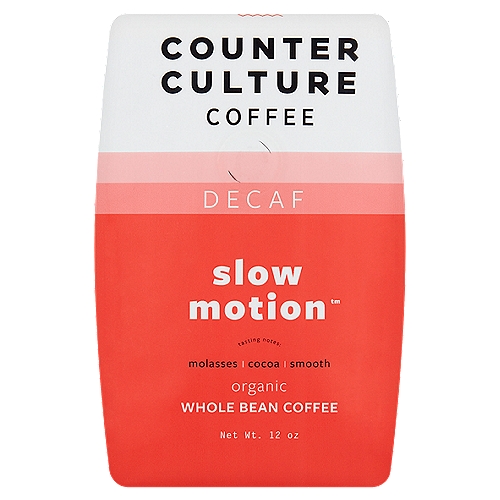 Counter Culture Coffee Decaf Slow Motion Organic Whole Bean Coffee, 12 ozWe pay extra attention to decaf because we know people are drinking it for the flavor, not the kick. For Slow Motion, we start by selecting the same high-quality coffees that appear in our other offerings and gently decaffeinate them in small batches using organic processing.