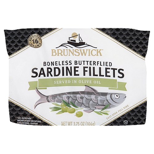 Brunswick Boneless Butterflied Sardine Fillets, 3.75 oz
Our sardines are for flavor seekers and curious palates.
Wild caught and ready to eat in indulgent olive oil. They're a mini but mighty superfood providing an excellent source of complete protein*.
*See Nutrition Information for Fat and Cholesterol Content
