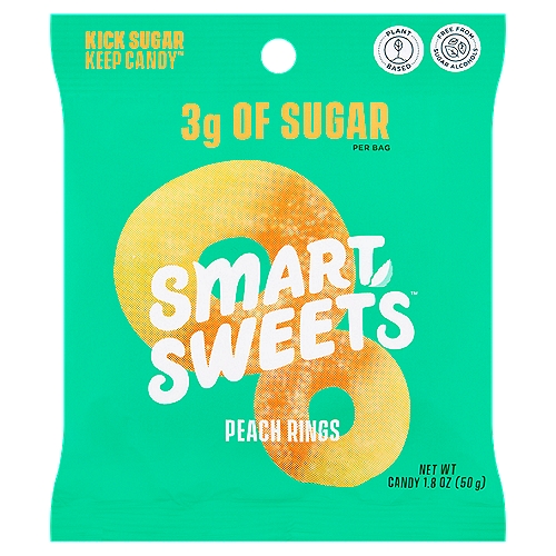 Smart Sweets Peach Rings Candy, 1.8 oz
Kick Sugar Keep Candy™

Smartly™ Sweetened without Sugar Alcohols
• Plant-Based Goodness
• Good Source of Fiber
• Naturally Flavored
• Free from Artificial Colors
• Free from Artificial Sweeteners

How Many Net Carbs?
42g Total Carbohydrate - 13g Fiber - 11g Allulose = 18g Net Carbs Per Bag