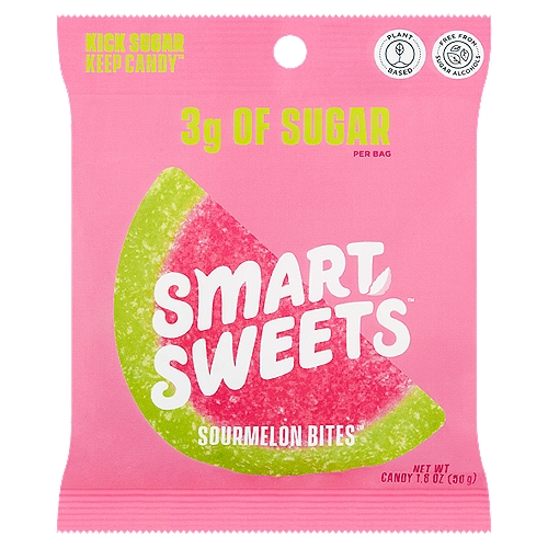 Smart Sweets Sourmelon Bites Watermelon Candy, 1.8 oz
Kick Sugar Keep Candy™

Smartly™ Sweetened without Sugar Alcohols
• Plant-Based Goodness
• Good Source of Fiber
• Naturally Flavored
• Free from Artificial Colors
• Free from Artificial Sweeteners

How Many Net Carbs?
42g Total Carbohydrate - 13g Fiber - 11g Allulose = 18g Net Carbs per Bag