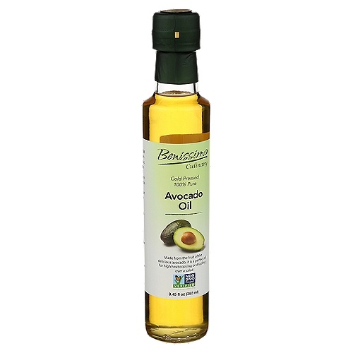 Benissimo Avocado Oil, 8.45 fl oz
Made from the fruit of the delicious avocado, it is a perfect oil for high heat cooking or drizzling over a salad

Benissimo Avocado Oil is expeller pressed from the fruit of the delicious avocado. Our Avocado Oil naturally contains omega-9 fatty acids and antioxidants to promote good health. With a wonderful aroma, great flavor and high smoke point, Benissimo Avocado Oil is the perfect oil for cooking, sautéing, searing, baking or stir frying.