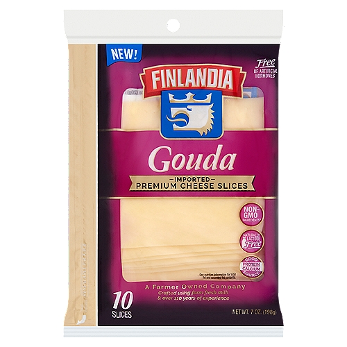 Finlandia Gouda Imported Premium Cheese Slices, 10 count, 7 oz
Free of Artificial Hormones*
*Made with milk from cows not treated with rBST. The Food and Drug Administration has determined that there is no significant difference between milk derived from rBST-treated and non-rBST-treated cows.

Non-GMO Ingredients^
^Made with non-GMO ingredients per EU regulations.