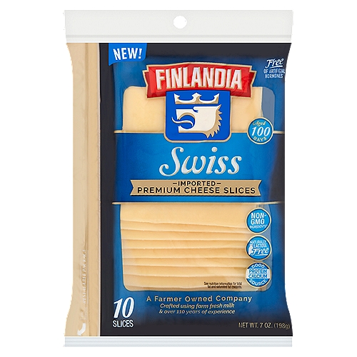Finlandia Swiss Imported Premium Cheese Slices, 10 count, 7 oz
Free of Artificial Hormones*
*Made with milk from cows not treated with rBST. The Food and Drug Administration has determined that there is no significant difference between milk derived from rBST-treated and non-rBST-treated cows.

Non-GMO Ingredients^
^Made with non-GMO ingredients per EU regulations.