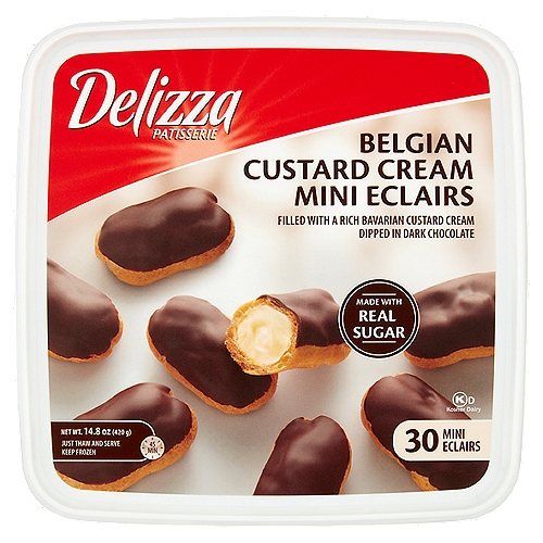 Delizza Patisserie Belgian Custard Cream Mini Eclairs, 30 count, 14.8 oz
Filled with a Rich Bavarian Custard Cream Dipped in Dark Chocolate

Delizza custard cream mini eclairs bring delight to every table. Crafted from our time-honored Belgian recipe, we use only the finest ingredients. These little moments of delight await your indulgence in the freezer, ready to be shared with friends, family, or savored just by you. We won't tell.