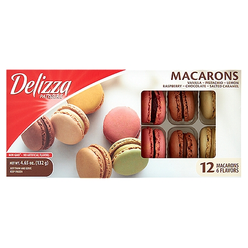 Delizza Patisserie 6 Flavors Macarons, 12 count, 4.65 oz
Delizza macarons bring the sophisticated spirit of Paris to every table. Crafted in a variety of cheerful colors and beloved flavors, our almond meringue-based cookies are made with only the finest ingredients. These little moments of delight await your indulgence in the freezer, ready to be shared with friends, family, or savored just by you. We won't tell.

Non-GMO: We Do Not Use Ingredients that Were Produced Using Modern Biotechnology.