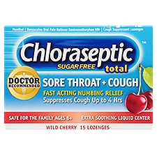 Chloraseptic Wild Cherry Total Sugar Free Sore Throat + Cough Lozenges, 15 count