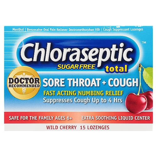 Chloraseptic Wild Cherry Total Sugar Free Sore Throat + Cough Lozenges, 15 countnDrug FactsnActive ingredients (in each lozenge) - PurposenBenzocaine 6 mg - Oral pain relievernDextromethorphan HBr 5 mg - Cough suppressantnMenthol 10 mg - Oral pain relievernnUsesnTemporarily relieves:n■ occasional minor irritation, pain, sore throat and sore mouthn■ cough due to minor throat and bronchial irritation as may occur with the common cold