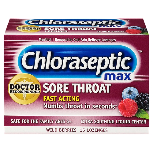 Chloraseptic Max Wild Berries Sore Throat Fast Acting Lozenges, 15 countnNumbs throat in seconds*n*As lozenge dissolvesnnDrug FactsnActive ingredients (in each lozenge) - PurposenBenzocaine 15 mg - Oral pain relievernMenthol 10 mg - Oral pain relievernnUsesnTemporarily relieves occasional minor irritation, pain, sore throat and sore mouth.