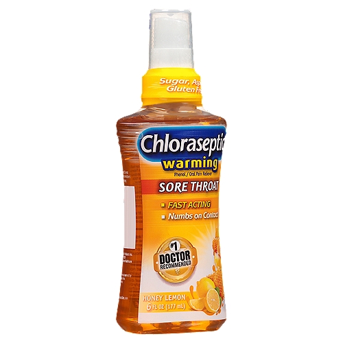 Chloraseptic Warming Sore Throat Honey Lemon Oral Pain Reliever Spray, 6 fl oz
Drug Facts
Active ingredient - Purpose
Phenol 1.4% - Oral pain reliever

Uses
For the temporary relief of occasional minor irritation, pain, sore mouth and sore throat.