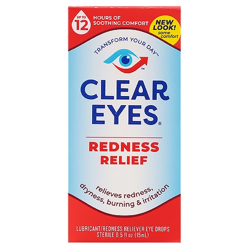 CLEAR EYES Redness Relief Lubricant / Redness Reliever Eye Drops, 0.5 fl oz
Drug Facts
Active ingredients - Purpose
Glycerin 0.25% - Lubricant
Naphazoline hydrochloride 0.012% - Redness reliever

Uses
■ relieves redness of the eye due to minor eye irritations
■ for the temporary relief of burning and irritation due to dryness of the eye
■ for use as a protectant against further irritation or dryness of the eye