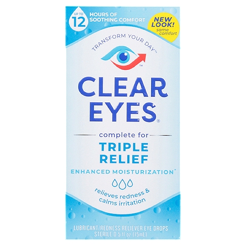 Clear Eyes Triple Action Lubricant / Redness Reliever Eye Drops, 0.5 fl oz
Uses
■ for the temporary relief of burning and irritation due to dryness of the eye
■ for use as a protectant against further irritation or to relieve dryness of the eye
■ relieves redness of the eye due to minor eye irritations

Drug Facts
Active ingredients - Purpose
Polyvinyl alcohol 0.5%, Povidone 0.6% - Lubricant
Tetrahydrozoline hydrochloride 0.05% - Redness reliver