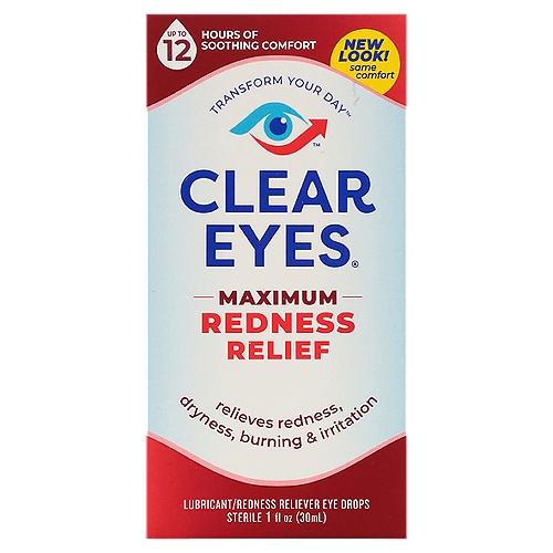 CLEAR EYES Maximum Lubricant/Redness Reliever Eye Drops, 1 fl oz
Drug Facts
Active ingredients - Purposes
Glycerin 0.5% - Lubricant
Naphazoline hydrochloride 0.03% - Redness reliever

Uses
■ for the relief of redness of the eye due to minor eye irritations
■ for the temporary relief of burning and irritation due to dryness of the eye
■ for use as a protectant against further irritation or to relieve dryness of the eye