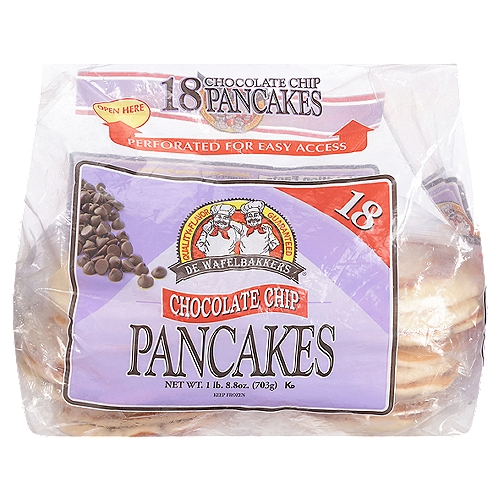 De Wafelbakkers Chocolate Chip Pancakes, 18 count, 1 lb 8.8 oz
Our pancakes go from freezer to table in a minute & there is no mess to clean up.