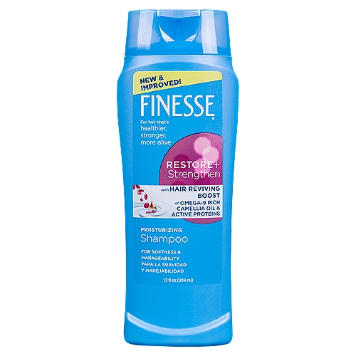 Finesse Shampoo Moisturizer, 13 fl oz
Finesse Restore + Strengthen Moisturizing Shampoo leaves dry, damaged, and stubborn hair feeling clean, silky soft, and more moisturized. Use for a restorative haircare experience where hair is stronger and more manageable.

For Hair that's Healthier, Stronger, More Alive
Finesse features a hair reviving boost of camellia oil - rich in omega-9 fatty acids, vitamins, and antioxidants - plus active proteins like keratin, the building block of hair.