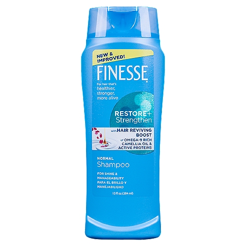 Finesse Shampoo Normal, 13 fl oz
Finesse Restore + Strengthen Normal Shampoo leaves hair clean, softer, and with an enhanced shine. This shampoo delivers more manageable hair that's easier to brush, comb and style.

Finesse features a hair reviving boost of camellia oil - rich in omega-9 fatty acids, vitamins, and antioxidants - plus active proteins like keratin, the building block of hair.