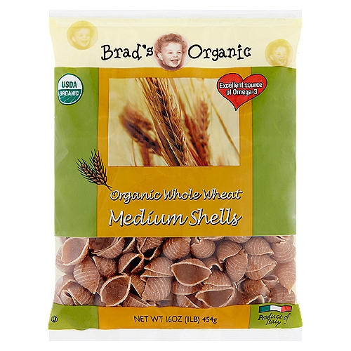 Brad's Organic Whole Wheat Medium Shells Pasta, 16 oz
Brad's Organic Pasta is made from Organic Durum Whole Wheat Semolina and grown without synthetic pesticides or genetic modification. When it comes to healthy gourmet, do it the right way, do it Brad's way! 