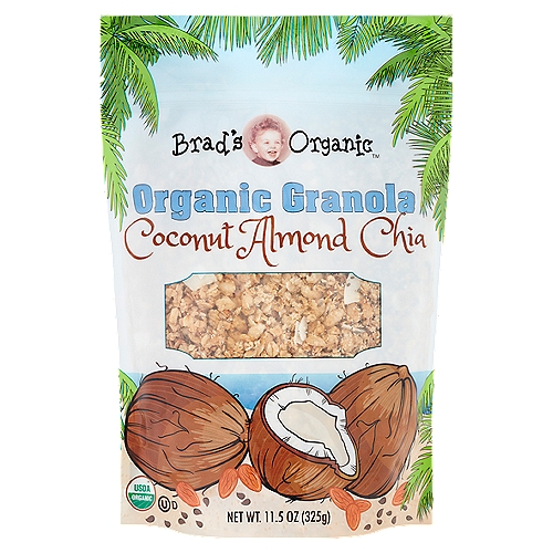 Brad's Organic Coconut Almond Chia Granola, 11.5 oz
Brad's Organic Granola is crafted batch-by-batch using only the very best organic ingredients. Our authentic baking process delivers a world of flavor and old fashioned goodness. Packed with whole grain oats, it is a good source of fiber and contains 5 grams of protein per serving. Try Brad's Organic Granola combined with your favorite cereals, on its own for a perfect breakfast, or as a wholesome snack any time of day!