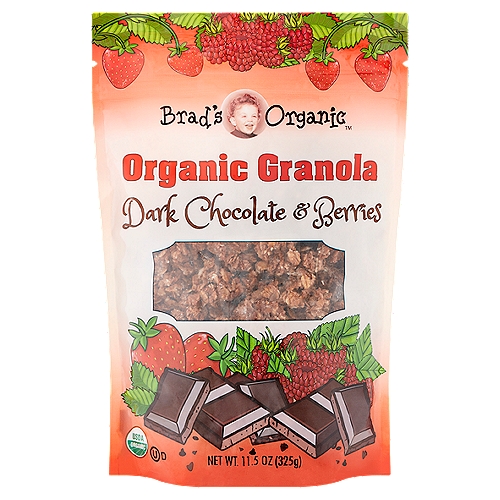 Brad's Organic Dark Chocolate & Berries Granola, 11.5 oz
Brad's Organic Granola is crafted batch-by-batch using only the very best organic ingredients. Our authentic baking process delivers a world of flavor and old fashioned goodness. Packed with whole grain oats, it is a good source of fiber and contains 5 grams of protein per serving. Try Brad's Organic Granola combined with your favorite cereals, on its own for a perfect breakfast, or as a wholesome snack any time of day!