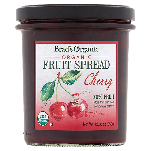 Brad's Organic Cherry Fruit Spread, 12.35 oz
Brad's Organic Fruit Spreads contain 70% pure organic fruit with a hint of lemon juice for an extraordinary burst of natural flavor and freshness.