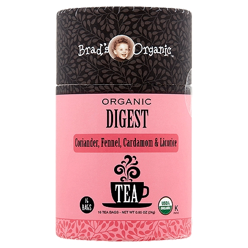 Brad's Organic Digest Coriander, Fennel, Cardamom & Licorice Tea Bags, 16 count, 0.85 oz
We have searched the exotic regions of Asia to unearth only the finest, purest, premium organic teas & herbs the earth has to offer. Each tender leaf is proudly nurtured & carefully harvested by family farmers of the paradise island of Ceylon, the pearl of the Indian Ocean.

Disclaimer
These statements have not been evaluated by the food and drug administration. This product is not intended to diagnose, treat, cure, or prevent any disease.