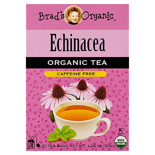 Brad's Organic Echinacea Organic Tea Bags, 20 count, 1.06 oz
Boost your immunity...
With Brad's Organic Echinacea tea. For hundreds of years, this native American flower has been used as a natural remedy for helping to prevent, and reducing the duration of, colds, flu, infections and other ailments.

Echinacea also boosts natural anti-inflammatory plus pain killing properties, and is said to speed healing.

Disclaimer
These statements have not been evaluated by the food and drug administration. This product is not intended to diagnose, treat, cure, or prevent any disease.