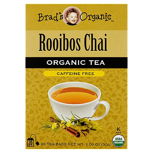Brad's Organic Rooibos Chai Organic Tea Bags, 20 count, 1.06 oz
We have searched the exotic regions of Asia to unearth only the finest, purest, premium organic teas & herbs the earth has to offer.

Each tender leaf is proudly nurtured & carefully harvested by family farmers of the paradise island of Ceylon, the pearl of the Indian Ocean.

Disclaimer
These statements have not been evaluated by the food and drug administration. This product is not intended to diagnose, treat, cure, or prevent any disease.