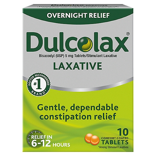 Dulcolax Overnight Relief Laxative Tablets, 10 count
Comfort Coated Tablets

Drug Facts
Active ingredient (in each tablet) - Purpose
Bisacodyl (USP) 5 mg - Stimulant laxative

Use
• for relief of occasional constipation and irregularity
• this product generally produces bowel movement in 6 to 12 hours

Dulcolax® Tablets are convenient to use overnight, or whenever you need effective relief from constipation.

Easy-to-swallow, comfort coated Dulcolax Tablets are gentle enough for sensitive stomachs, yet strong enough for effective overnight relief. Trust Dulcolax Tablets to relieve constipation in 6 to 12 hours.