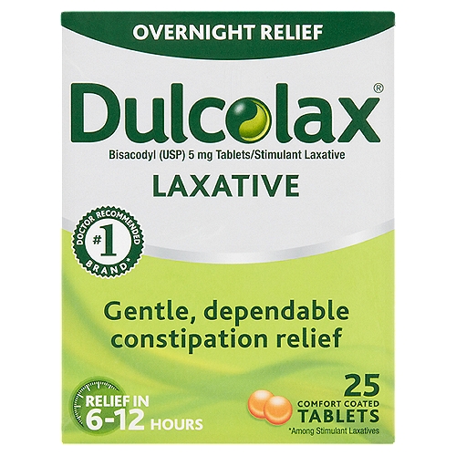 Dulcolax Laxative Tablets, 25 count
Comfort Coated Tablets

Dulcolax® Tablets are convenient to use overnight, or whenever you need effective relief from constipation.

Easy-to-swallow, comfort coated Dulcolax® Tablets are gentle enough for sensitive stomachs, yet strong enough for effective overnight relief. Trust Dulcolax® Tablets to relieve constipation in 6 to 12 hours.

Use
• for relief of occasional constipation and irregularity
• this product generally produces bowel movement in 6 to 12 hours

Drug Facts
Active ingredient (in each tablet) - Purpose
Bisacodyl (USP) 5 mg - Stimulant laxative
