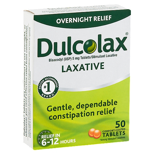 Dulcolax Overnight Relief Laxative Tablets, 50 count
Drug Facts
Active ingredient (in each tablet) - Purpose
Bisacodyl (USP) 5 mg - Stimulant laxative

Use
• for relief of occasional constipation and irregularity
• this product generally produces bowel movement in 6 to 12 hours

Dulcolax® Tablets are convenient to use overnight, or whenever you need effective relief from constipation.

Easy-to-swallow, comfort coated Dulcolax Tablets are gentle enough for sensitive stomachs, yet strong enough for effective overnight relief. Trust Dulcolax Tablets to relieve constipation in 6 to 12 hours.