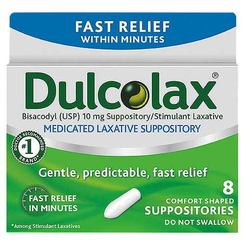 Dulcolax Medicated Laxative Comfort Shaped Suppositories, 8 count
Constipated? Time's up. Dulcolax Medicated Laxative Suppositories can help get you going in 15-60 minutes. These comfort-shaped suppositories are medicated with active ingredient bisacodyl for fast relief in minutes. As with any suppository, Dulcolax medicated suppositories are for rectal use only; do not swallow. Looking for relief in 6-12 hours? Try Dulcolax Stimulant Laxative Tablets for gentle relief. Trust the No. 1 doctor-recommended stimulant laxative brand* for relief when you need it most. DIRECTIONS: Adults and children 12 years of age and over: 1 suppository in a single daily dose. Peel open plastic. Insert suppository well into rectum, pointed end first. Retain about 15 to 20 minutes; Children 6 to under 12 years of age: 1/2 suppository in a single daily dose; Children under 6 years of age: ask a doctor.

* Among OTC Stimulant Laxatives