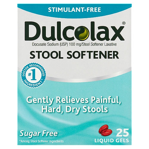 Dulcolax Stool Softener Liquid Gels, 25 count
Docusate Sodium (USP) 100 mg/Stool Softener Laxative

#1 doctor recommended ingredient*
*Among Stool Softener ingredients

Dulcolax® Stool Softener's stimulant-free formula provides gentle, comfortable relief from constipation and irregularity.

Use
• for relief of occasional constipation and irregularity
• this product generally produces bowel movement in 12 to 72 hours

Drug Facts
Active ingredient (in each capsule) - Purpose
Ducosate sodium (USP) 100 mg - Stool softener laxative