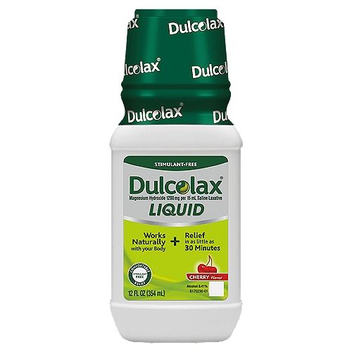 Dulcolax Stimulant-Free Cherry Flavor Saline Laxative Liquid, 12 fl oz
Experience fast relief from occasional constipation and irregularity in a cherry-flavored liquid with Dulcolax Liquid Laxative. Formulated with active ingredient magnesium hydroxide, this gentle laxative works naturally with your body to draw water into the colon to help soften hard, dry stools. Best of all, Dulcolax Cherry Liquid gives you relief in as little as 30 minutes*. How's that for fast* and effective? Dulcolax Liquid Laxative also comes in mint flavor. DIRECTIONS: Shake well immediately before each use; for accurate dosing, use convenient pre-measured dose cup; drink a full glass (8 oz) of liquid with each dose; dose may be taken as a single daily dose or in divided doses; do not exceed the maximum recommended daily dose in a 24-hour period. See packaging for dosing information.

*Works in 30 minutes to 6 hours.