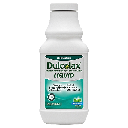 Dulcolax Mint Flavor Laxative Liquid, 12 fl oznExperience fast relief from occasional constipation and irregularity in a mint-flavored liquid with Dulcolax Liquid Laxative. Formulated with active ingredient magnesium hydroxide, this gentle laxative works naturally with your body to draw water into the colon to help soften hard, dry stools. Best of all, Dulcolax Mint Liquid gives you relief in as little as 30 minutes*. How's that for fast* and effective? Dulcolax Liquid Laxative also comes in cherry flavor. DIRECTIONS: Shake well immediately before each use; for accurate dosing, use convenient pre-measured dose cup; drink a full glass (8 oz) of liquid with each dose; dose may be taken as a single daily dose or in divided doses; do not exceed the maximum recommended daily dose in a 24-hour period. See packaging for dosing information.nn*Works in 30 minutes to 6 hours.