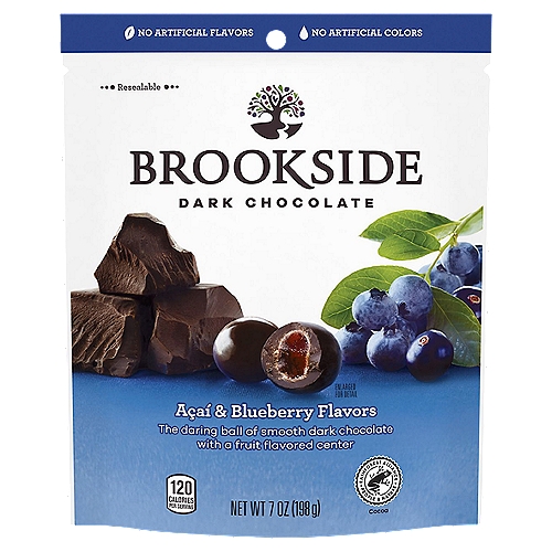 BROOKSIDE Açaí & Blueberry Flavors Dark Chocolate, 7 oz
The Daring Ball of Smooth Dark Chocolate with a Fruit Flavored Center

Açaí. Pomegranate. Goji.
These aren't your everyday fruit flavors. Who would dare wrap them in a delicious ball of smooth dark chocolate? We would. And we did. The result, tart is zingy, dark is sweet and chocolate is ballsy! A unique taste experience from start to finish.