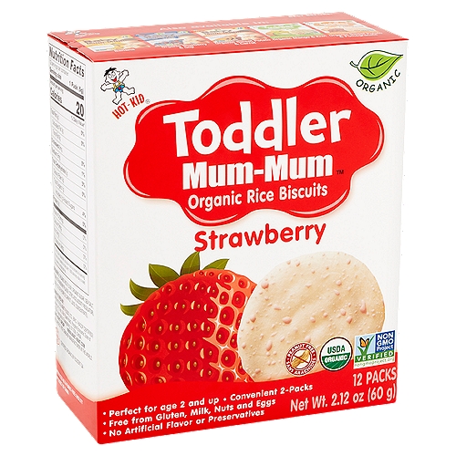 Hot-Kid Toddler Mum-Mum Organic Strawberry Rice Biscuits, 12 count, 2.12 oz
The first three years of your child's life is the ideal time to introduce lifelong healthy eating habits. Avoiding canned, artificially flavored, or highly processed foods will set the standard for what food is supposed to taste like and Toddler Mum-Mum is an excellent choice for snacks. These rice biscuits are simply delicious; they're organic, gluten-free, egg-free and peanut-free, without any artificial flavor and preservatives and only lightly and naturally sweetened.

Your little one has transitioned from baby to toddler and is now walking, talking and feeding him or herself! It's now time to transition from Baby Mum-Mum to Toddler Mum-Mum Rice Biscuits, a tasty, organic choice for your child.
Oven baked and individually wrapped for freshness, Toddler Mum-Mum is a perfect snack for home, daycare, play dates or for taking with you on-the-go!