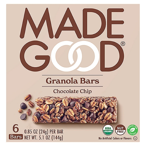 Made Good Chocolate Chip Granola Bars, 0.85 oz, 6 count
With vegetables*
*Contains nutrients found in one serving of vegetables

What makes this a MadeGood® product?
Made in a dedicated peanut and tree nut free facility
Contains nutrients found in one serving of vegetables
Certified gluten free by GFCO
Certified vegan
Certified organic
Contains 10 g of whole grains per serving
Made with whole grains. A source of fiber and vitamin B6

Allergy Friendly
Dedicated facility free from the following common allergens: Peanut, tree nuts, wheat & gluten, soy, dairy, egg, sesame, fish & shellfish