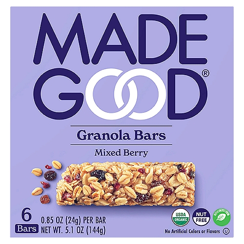 Made Good Mixed Berry Granola Bars, 0.85 oz, 6 count
What makes this a MadeGood®:
Made in a Dedicated Peanut and Tree Nut Free Facility
Contains Nutrients from Vegetable Extracts
Certified Vegan
Contains 11g of Whole Grains Per Serving

Allergy Friendly
Dedicated facility free from the following common allergens: peanut, tree nuts, dairy, egg, wheat & gluten, soy, sesame, fish & shellfish