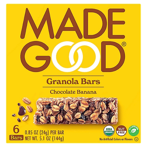 Made Good Chocolate Banana Granola Bars, 0.85 oz, 6 count
What makes this a MadeGood®:
Made in a Dedicated Peanut and Tree Nut Free Facility
Contains Nutrients from Vegetable Extracts
Certified Vegan
Contains 11g of Whole Grains Per Serving

Allergy Friendly
Dedicated facility free from the following common allergens: peanut, tree nuts, dairy, egg, wheat & gluten, soy, sesame, fish & shellfish
