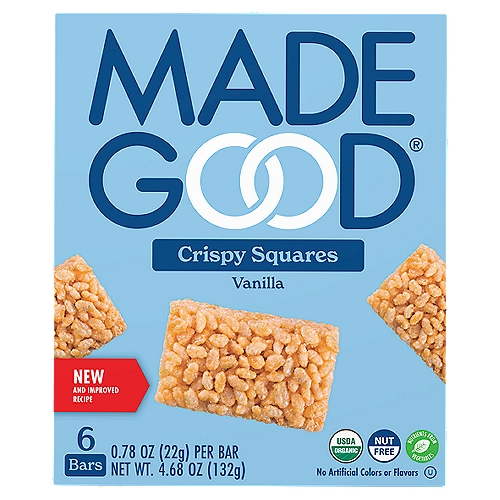 Made Good Vanilla Crispy Squares, 0.78 oz, 6 count
What makes this product MadeGood®:
Made in a Dedicated Peanut and Tree Nut Free Facility
Certified Organic
Non GMO Project Verified
Contains Nutrients from Vegetable Extracts
Certified Gluten Free by GFCO
Contains 9g of Whole Grains per Serving
Certified Vegan