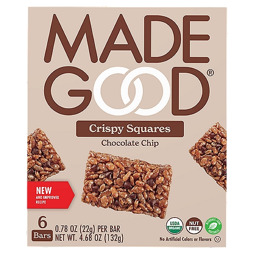 Made Good Chocolate Chip Crispy Squares, 0.78 oz, 6 count
What Makes this product a MadeGood®:
Made in a Dedicated Peanut and Tree Nut Free Facility
Certified Organic
Non GMO Project Verified
Contains Nutrients from Vegetables Extracts
Certified Gluten Free by GFCO
Contains 8g of Whole Grains per Serving
Certified Vegan
Kosher Parve

Allergy Friendly