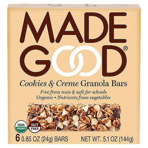 Made Good Cookies & Creme Granola Bars, 0.85 oz, 6 count
"Free from common allergens and safe for most children to consume at school."

Allergy Friendly
Dedicated Facility Free from the Following Common Allergens: Peanut, Tree Nuts, Wheat & Gluten, Soy, Dairy, Egg, Sesame, Fish & Shellfish

What Makes this a MadeGood® Product?
Made in a Dedicated Peanut and Tree Nut Free Facility
Certified Organic
Non GMO Project Verified
Contains Nutrients from Vegetables
Certified Gluten Free by GFCO
Contains 10 g of Whole Grains per Serving
Certified Vegan
Kosher Parve